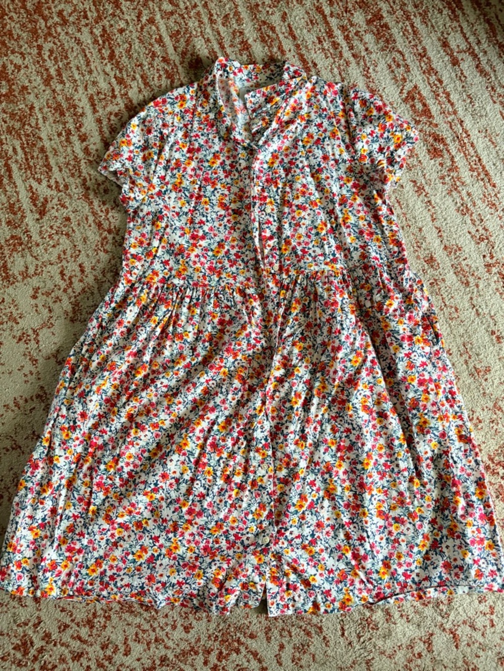 Old Navy White Floral Button-Front Casual Dress with Red, Yellow & Blue Flowers